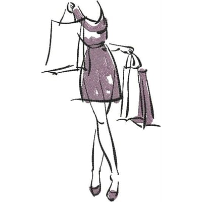 An embroidery design of a stylish figure in a purple dress holding shopping bags.