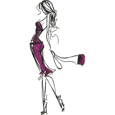 An embroidery design of a stylish woman in a fitted purple dress, elegantly posing while holding a small handbag.