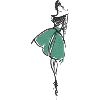 An embroidery design of a stylish figure in a teal dress, elegantly sketched with flowing lines.
