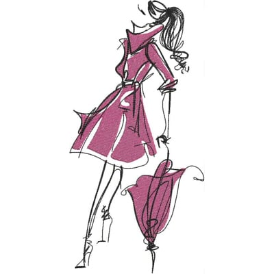 An embroidery design of a fashionable woman wearing a pink dress and holding an umbrella.