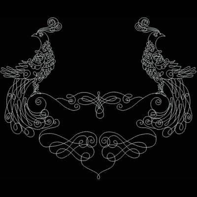 An embroidery design of two intricately detailed peacocks facing each other, adorned with elegant swirls and decorative motifs.