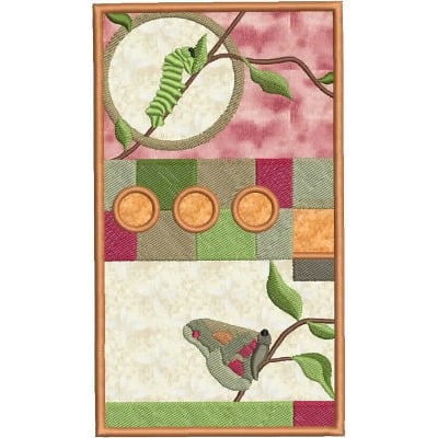 An embroidery design of a vibrant caterpillar and butterfly accompanied by decorative leaves, showcased in a patchwork layout with circular elements.
