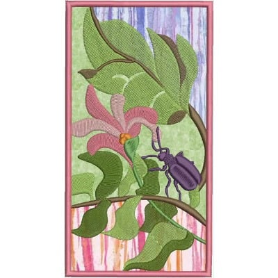 An embroidery design of a colorful flower and green leaves accented by a purple beetle.