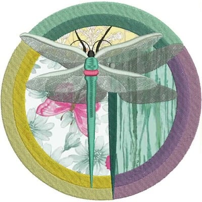 An embroidery design of a stylized dragonfly with detailed wings, set against a circular arrangement of colorful layered segments.