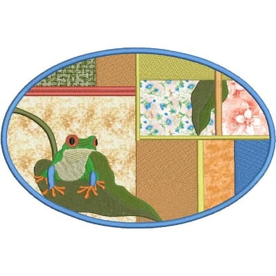 An embroidery design of a vibrant green frog perched on a large leaf, framed within a colorful quilt-like patchwork background.