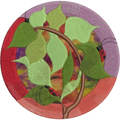 An embroidery design of vibrant green leaves intertwined with a brown stem, accented by small red elements within a circular boundary.