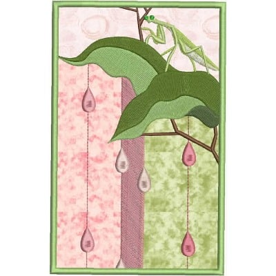 An embroidery design of vibrant green leaves and delicate drops in shades of pink and white, arranged in a decorative layout.
