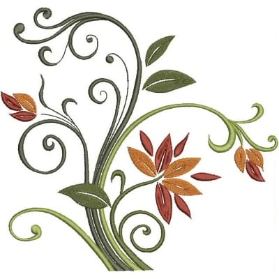 An embroidery design of elegant swirling vines adorned with colorful leaves and flowers in shades of green, red, and orange.