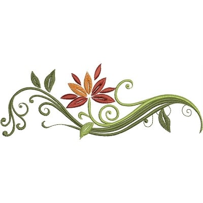 An embroidery design of a vibrant flower accompanied by swirling green vines and delicate leaves.