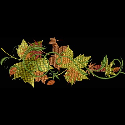 An embroidery design of intricate swirling vines adorned with colorful autumn leaves in shades of green, orange, and yellow.