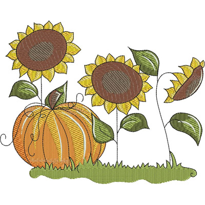 An embroidery design of vibrant sunflowers and a plump pumpkin, showcasing a cheerful autumn theme with intricate detailing.