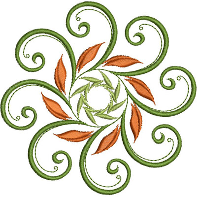 An embroidery design of a swirling floral motif featuring green vines and stylized leaves in orange and yellow tones.