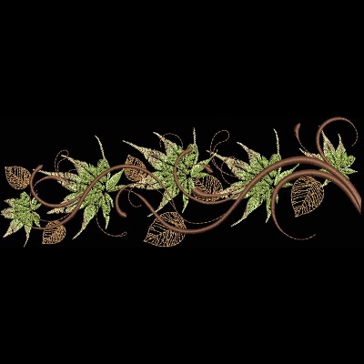An embroidery design of intertwining vines featuring detailed green leaves and delicate, patterned accents.
