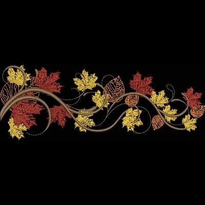 An embroidery design of intertwined branches adorned with vibrant red, yellow, and orange leaves.