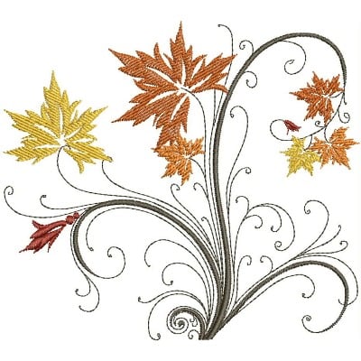 An embroidery design of vibrant autumn leaves in various shades of yellow, orange, and red, entwined with decorative swirls.