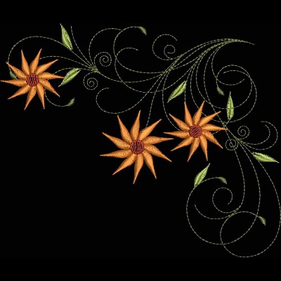 An embroidery design of three vibrant orange flowers intertwined with elegant green swirls and leaves.
