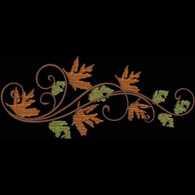 An embroidery design of swirling vines adorned with autumn leaves in shades of orange and green.