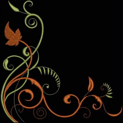 An embroidery design of intertwining vines and leaves in shades of green and orange, featuring a stylized butterfly.