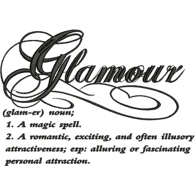 An embroidery design of the word "Glamour" in an elegant script, accompanied by its definition in a decorative font.