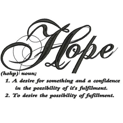An embroidery design of the word "Hope" in elegant script, accompanied by a definition detailing its meaning and significance.