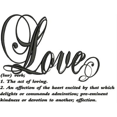 An embroidery design of the word "Love" in an elegant script, accompanied by its definition in a decorative font.