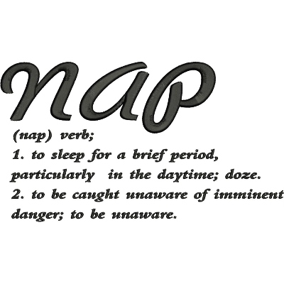 An embroidery design of the word "nap" in a stylish script, accompanied by its definitions in a classic font.