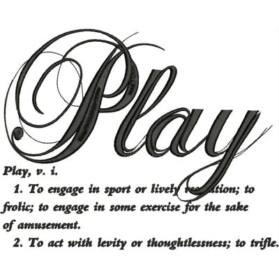 An embroidery design of the word "Play" in elegant cursive lettering, accompanied by its definition and variations in font style.