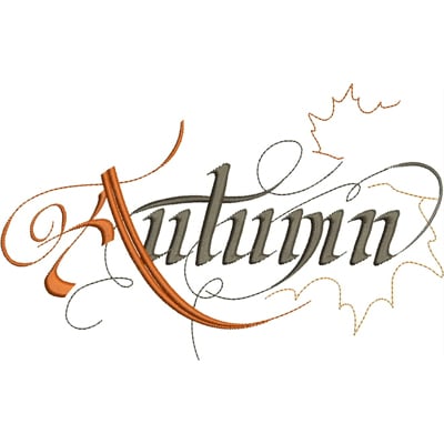An embroidery design of the word "Autumn" adorned with elegant swirls and a maple leaf in warm shades of brown and orange.