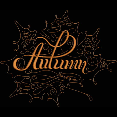An embroidery design of the word "Autumn" elegantly scripted in orange, surrounded by decorative swirls and leaf motifs.