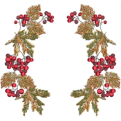 An embroidery design of vibrant red berries surrounded by delicate green and golden leaves.
