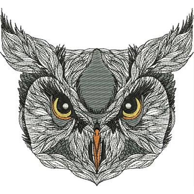 An embroidery design of a detailed owl face featuring intricately woven feathers and vibrant yellow eyes.
