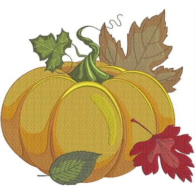 An embroidery design of a vibrant pumpkin surrounded by colorful autumn leaves.