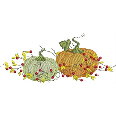 An embroidery design of two pumpkins, one green and one orange, embellished with red berries and green leaves.