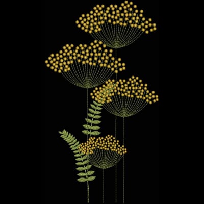 An embroidery design of vibrant yellow flowers with delicate fern leaves, featuring intricate detailing and a vertical arrangement.