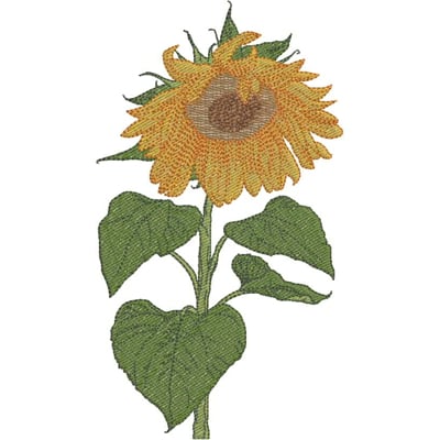 An embroidery design of a vibrant sunflower with detailed petals and green leaves.