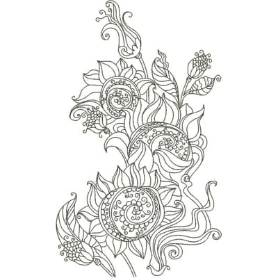 An embroidery design of intricate sunflowers with swirling leaves and decorative patterns.