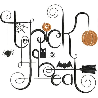 An embroidery design of whimsical Halloween text featuring the words "Trick or Treat" adorned with playful motifs like a spider, ghost, cat, bat, and pumpkin.