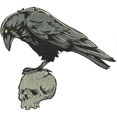 An embroidery design of a raven perched on a skull.