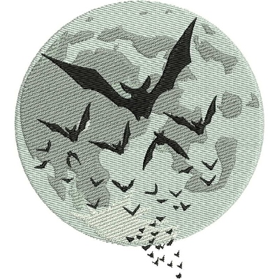 An embroidery design of various bats flying in a circular formation, creating a striking silhouette against a textured background.