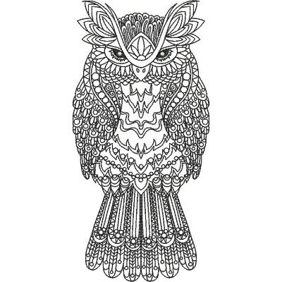 An embroidery design of a beautifully detailed owl, featuring intricate patterns and various textures throughout its feathers.