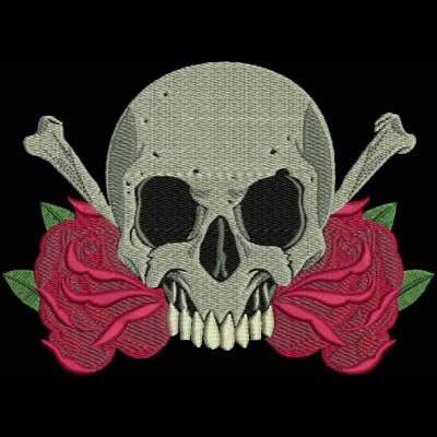 An embroidery design of a skull flanked by two vibrant red roses and crossed bones beneath it.