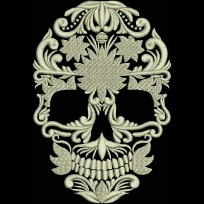 An embroidery design of a finely detailed skull adorned with intricate floral and ornamental patterns.