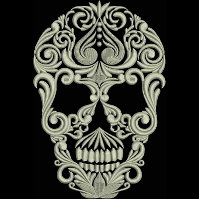 An embroidery design of a decorative skull featuring intricate swirls and floral motifs.