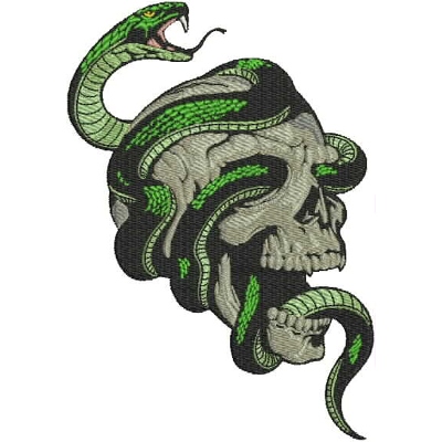 An embroidery design of a skull entwined with green snakes, showcasing intricate detailing and a bold color contrast.