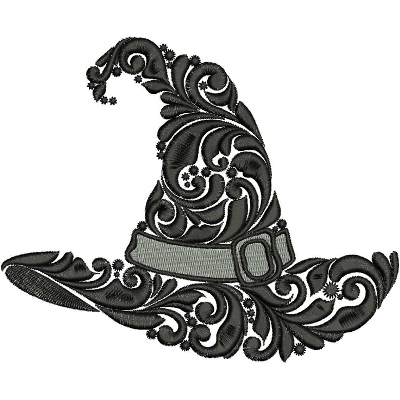An embroidery design of a decorative witch's hat adorned with intricate swirls and a stylish belt.