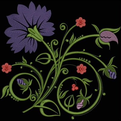 An embroidery design of a vibrant floral arrangement featuring a large purple flower, delicate swirling vines, and small pink and red blossoms.
