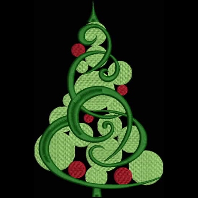An embroidery design of a whimsical green Christmas tree adorned with circular ornaments in various shades of green and red.