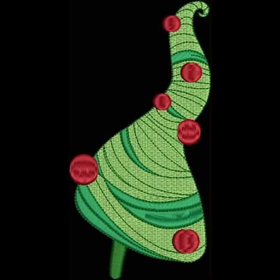 An embroidery design of a whimsical green Christmas tree with a curled top and adorned with red ornaments.