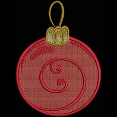 An embroidery design of a vibrant red ornament featuring a decorative swirl and a golden top loop.
