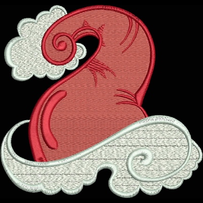 An embroidery design of a stylized red number two entwined with white swirling clouds.